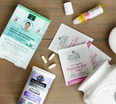 Green tea under-eye patch, prenatal pills and raspberry leaf tea packets