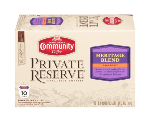 Community Coffee Private Reserve Single Serve Coffee Dark Roast Heritage Blend 10 Pods Each / Pack of 6