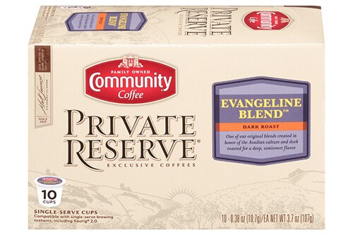 Community Coffee Private Reserve Single Serve Coffee Medium Dark Roast Evangeline Blend 10 Pods Each / Pack of 6