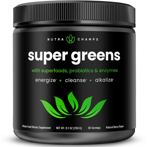 NutraChamps Super Greens Powder With Superfoods Probiotics & Enzymes Natural Berry 9.1 Oz