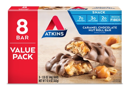 Atkins Snack Bar Value Pack Caramel Chocolate Nut Roll 8 Bars