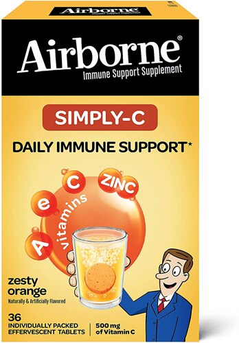 Airborne Effervescent Tablets Simply-C Vitamin C & E Zinc Immune Support Zesty Orange 36 Effervescent Tablets