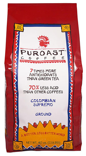Puroast Low Acid Coffee Colombian Supremo Blend Drip Grind Bag 2.5 lbs