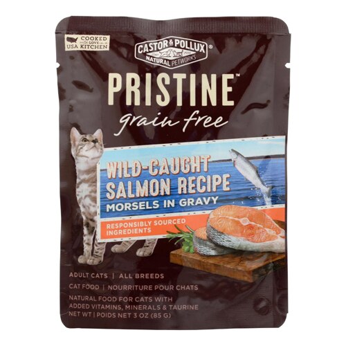 Castor & Pollux Pristine Cat Food Pouch Salmon Morsels in Gravy 3 oz