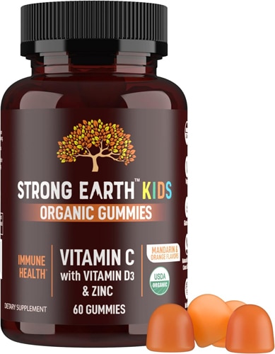 Yum V's Strong Earth Organic Vitamin C with Vitamin D3 & Zinc For Kids Mandarin & Orange 60 Gummies