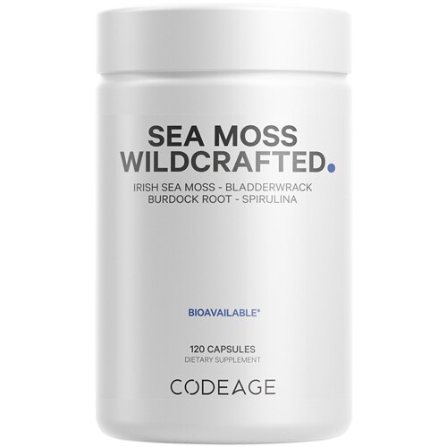 Codeage Raw Wildcrafted Irish Sea Moss Supplement Spirulina-Bladderwrack-Burdock Root-Black Pepper 120 Capsules